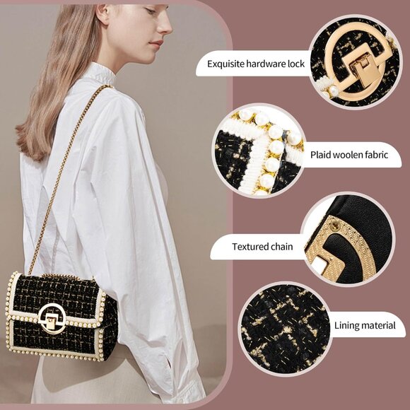 Pink Tweed Pearl Crossbody Bag for Women, Small Clutch with Chain Strap, Stylish - Picture 6 of 6